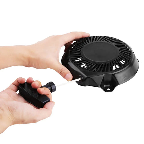 Heavy Duty Snowblower Starter Pulley And Pull Start Assembly Replaces 591301 693394 791670 795930, hands pulling the starter cord.