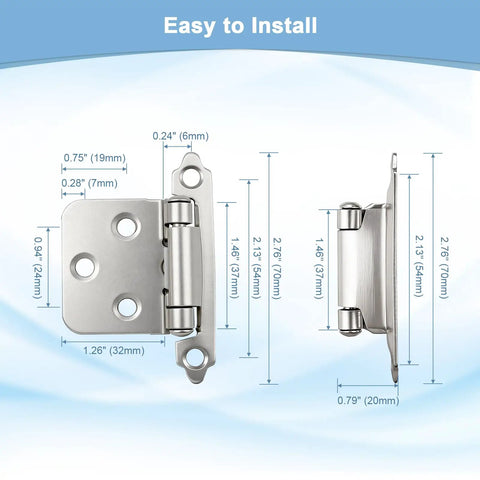 Soft Close 1/2 Overlay Brushed Nickel Kitchen Cabinet Door Hinges For Face Frame Cabinets detailed dimensions and installation guide