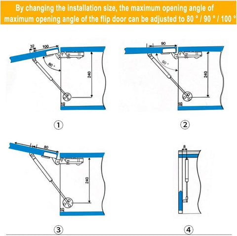 Diagram showing installation angles for Gas Spring Lift Support For Cabinet Doors 20N 4.4 Lb, 6 Inch Length