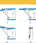 Diagram showing installation angles for Heavy Duty Gas Spring Cabinet Door Lift Support 8 Inch 30N 7 Lb Soft Close Cushioned Lid.