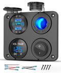 Beefed Up 12 Volt USB Outlet RV Marine Switch Panel 4 In 1 Aluminum Charger with PD30W USB Ports and Blue LED Voltmeter