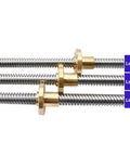 Smooth And Strong 8mm T8 Trapezoidal Lead Screw Kit With Brass Nut, Featuring Precision Threads And Low Friction For Perfect Lifting Projects At 200 To 600mm Lengths. Three T8 lead screws with brass nuts, shown in Lead 2, Lead 4, and Lead 8 configurations.