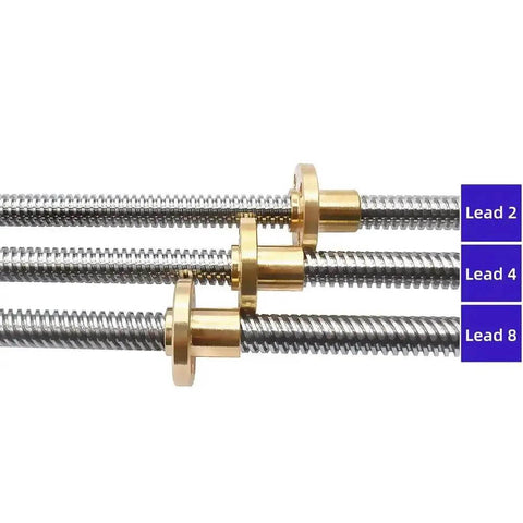 Smooth And Strong 8mm T8 Trapezoidal Lead Screw Kit With Brass Nut, Featuring Precision Threads And Low Friction For Perfect Lifting Projects At 200 To 600mm Lengths. Three T8 lead screws with brass nuts, shown in Lead 2, Lead 4, and Lead 8 configurations.