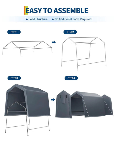 Assembly steps for Portable Outdoor Storage Shed With Roll Up Zipper Door And Vent 240G Built Tough Waterproof PE Tarp UV Resistant Carport