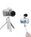 MT-08 White Mini Tripod For Camera With 1 Quarter Inch Mount 2 In 1 Extendable Handheld Video Stand with camera and smartphone