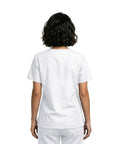 Back view of Unisex Relaxed Fit V Neck 3 Pocket Scrub Top With Breathable Side Vents For Nurses Doctors White Medium.