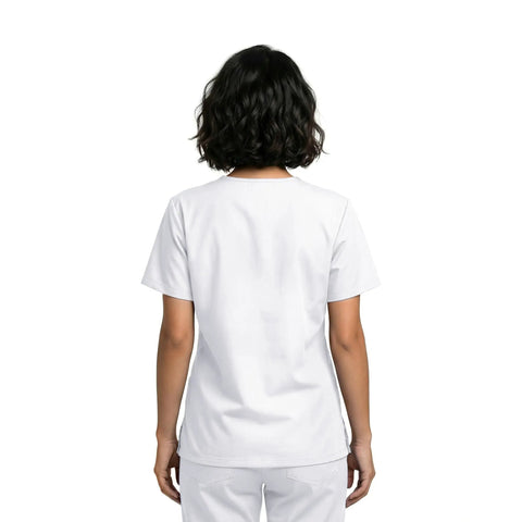 Back view of Unisex Relaxed Fit V Neck 3 Pocket Scrub Top With Breathable Side Vents For Nurses Doctors White Medium.