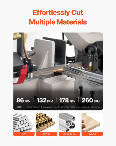Heavy Duty Metal Horizontal Band Saw Built For Boss Level Tough Metal Wood And Plastic Cutting With 7 By 8.25 Inch Rectangular Capacity Dual 110 220V Power 1.1 kW Motor showing materials cut