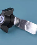 Beefy Heavy Duty Cabinet Cam Lock With Key For Distribution Boxes And Cabinets, black handle, tongue hardware shown