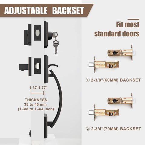 Front Door Lock Set With Double Door Handle And Dummy Exterior Lock Oil Rubbed Bronze Zinc Alloy Universal Reversible Design Matte Black Finish Easy Install For 1 3 8 To 1 3 4 Inch Doors Includes After Sales Service with adjustable backset and dimensions