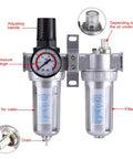 All In One Dual Unit Pneumatic Air Treatment System with regulator, filter, lubricator showing pressure gauge, drain, and oil filter.
