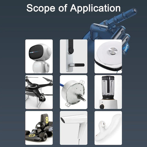 Uses of the Twofer 110V Synchronous AC Motor for turntables shown in various devices, including robot and blender.