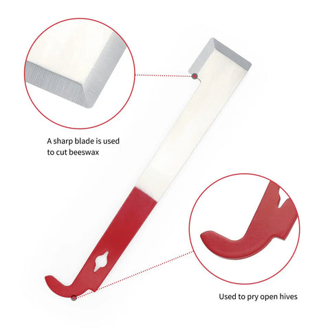 Beekeeping Hive Tool J Hook Frame Lifter And Scraper Pro Grade Durable 304 Stainless Steel Red Painted Pry Bar with sharp blade, 10.5 Inch