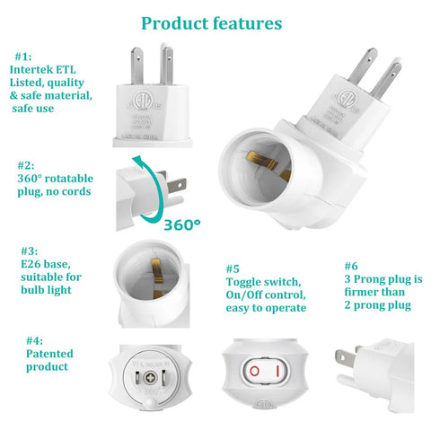 Plug In Light Socket Adapter From Outlet To Socket 360 Degree Rotating Plug With On Off Switch ETL Listed White Fire Retardant PC ABS Material For Safe Durable Lamp Extension
