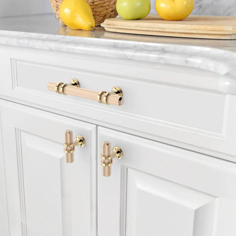 10 Pack Knurled Gold Cabinet Pulls Slick 5 Inch Long 3 Inch Center Hole Brushed Brass Kitchen Cabinet Handles on white drawers
