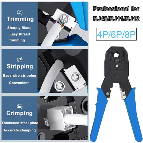 Close-up of Built Like A Tank Network Tool Kit Set Featuring Cable Tester Heavy Duty Wire Stripper and Cutter with crimping function.