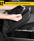 Installing Black Leather Armrest Cover For Nissan Maxima Center Console 2016-2023, easy install, protective interior upgrade.