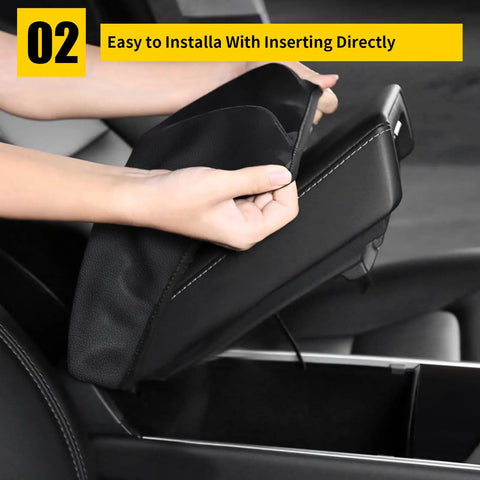 Installing Black Leather Armrest Cover For Nissan Maxima Center Console 2016-2023, easy install, protective interior upgrade.