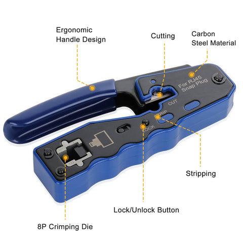 RJ45 Crimp Tool Kit Pass Through Ethernet Crimper For Cat5e Cat6 Cat6a 8P8C Modular Connectors with ergonomic handle