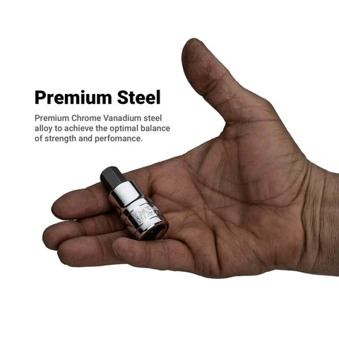 Hand holding a socket from 32-Piece Hex Bit Socket Set With Metric And SAE Sizes, Drop-Forged S2 Steel Bits, Chrome Plated Chrome Vanadium.