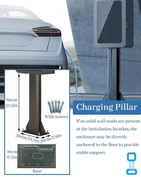 Top Shelf Outdoor EV Charger Pedestal With Keypad Lock For Tesla Model Y weatherproof charging pillar with screw anchors and dimensions.
