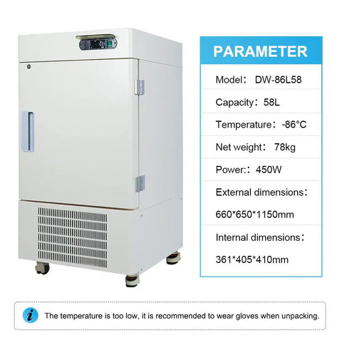 Super Chill Ultra Low Temperature Lab Freezer With Kickass Cryogenic Cooling, 58L capacity, maintaining -86C, designed for sample storage.