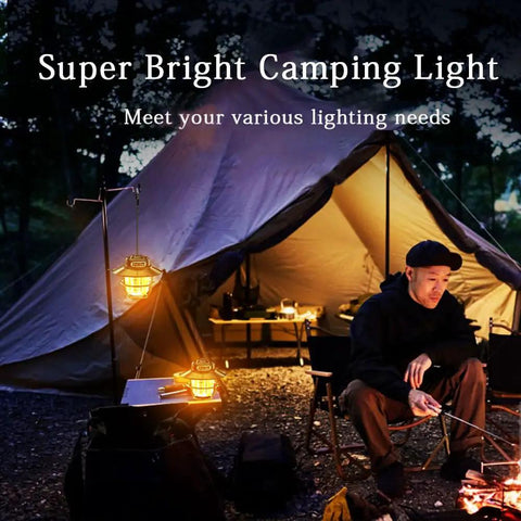 Rechargeable Camping Lantern with 1000 Lumens, 360 Degree LED Light illuminating a campsite at night