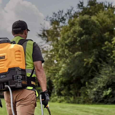 Person using 20V Max 4 Gallon Lithium Ion Cordless Backpack Sprayer Kit With 2Ah Battery, Heavy Duty Hose, Variflo Flow Control