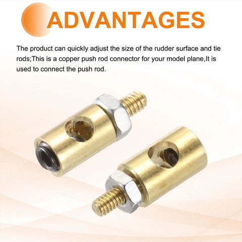Linkage Stoppers For RC Planes Helis And Cars Connecting Servo Arm Push Rod With Nut And Screw Gold Copper Finish D4x2.5mm D5x3mm 10 Pcs A Must Have For Precise Control And Smooth Adjustments. Display of two gold copper linkage stoppers with nuts and screws in front of an informational background.