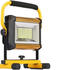 Spot Lighting Rechargeable Cordless Led Work Light Portable Floodlight with adjustable stand and carrying handle.