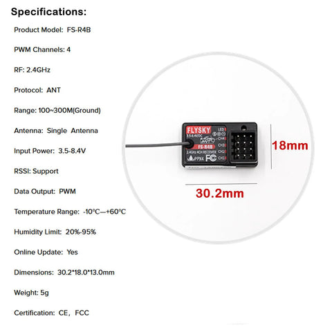 Flysky FS-R4B 2.4GHz 4CH Receiver With ANT Protocol And Single Antenna PWM Output, specs and dimensions shown, 18mm x 30.2mm