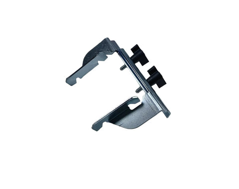Professional Grade Crown Moulding Stops For Miter Saw Knock Out That Trim Work Fast Easy Vertical Hold Precision Cut Without Bevel Includes Two Pieces Heavy Duty Woodworking gear, metal crown stop with black knobs.