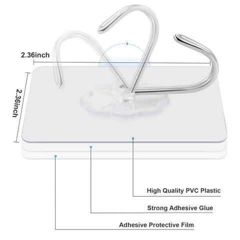 Heavy Duty Adhesive Wall Hooks 22lb Max, 50 Pack Transparent Sticky Hangers For Key Cups, size and material details shown