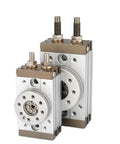 Two MSQB rotary pneumatic air cylinders with rack-and-gear actuators; silver bodies, brown end caps, top mounting studs.