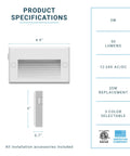 Diagram showing product specifications for 12V Dimmable LED Step Lights For Indoors And Outdoors, 3W, 50 lumens, white finish.
