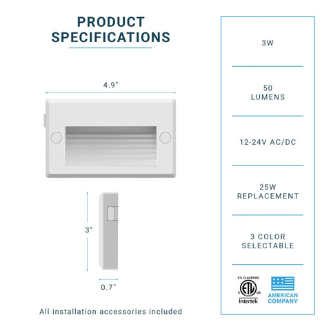 Diagram showing product specifications for 12V Dimmable LED Step Lights For Indoors And Outdoors, 3W, 50 lumens, white finish.