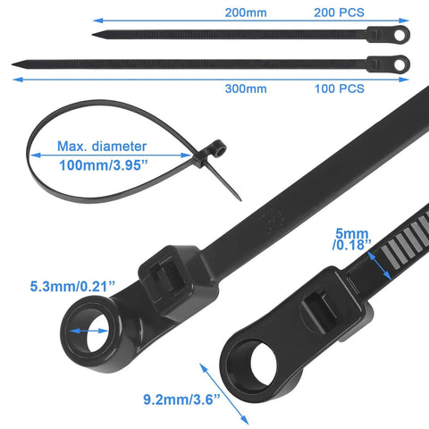 Close-up of black heavy duty zip ties with screw holes, 12 inch and 10 inch, showing dimensions and mounting tabs.