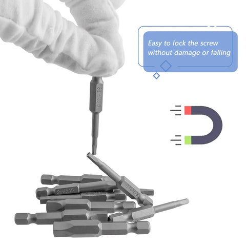 Gloved hand holding magnetic Torx Star 5 Point Security Tamper Proof Screwdriver Bit, 10 Piece set visible, S2 steel.