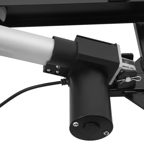 Close-up of heavy duty electric lift table platform cart's hydraulic motor, showcasing carbon steel framework for 350-pound capacity.