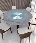 Clear Glass Rotating Tray For Dining And Decor, 360 Degree Turntable Lazy Susan on marble table with chairs, elegant setup