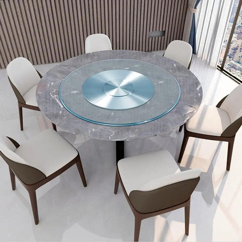 Clear Glass Rotating Tray For Dining And Decor, 360 Degree Turntable Lazy Susan on marble table with chairs, elegant setup