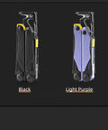 Black and light purple 17-in-1 multitool pliers standing side-by-side, featuring carabiner hammer and built-in flint fire starter.
