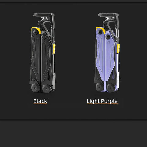 Black and light purple 17-in-1 multitool pliers standing side-by-side, featuring carabiner hammer and built-in flint fire starter.