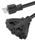 Three-Foot 12-Gauge Outdoor Extension Cord With Three Outlets Heavy Duty SJTW Grounded Power Cable, close-up of outlets