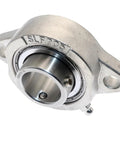 Stainless Steel One Inch Deep Groove Ball Bearing With Two Bolt Flange Housing And Setscrew Locking For Heavy Duty Work And Solid Reliability For Long Term Rotation Applications For Most Machines mounted in flange housing