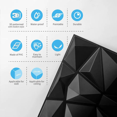 Diamond Pattern 3D Wall Panels Matte Black 12x12 Inch PVC Tiles 33 Pack Easy DIY Install Fire Resistant Covers 32 Sq Ft Slick Modern Accent Wall for Living Room Bedroom Kitchen Home and Office Decor