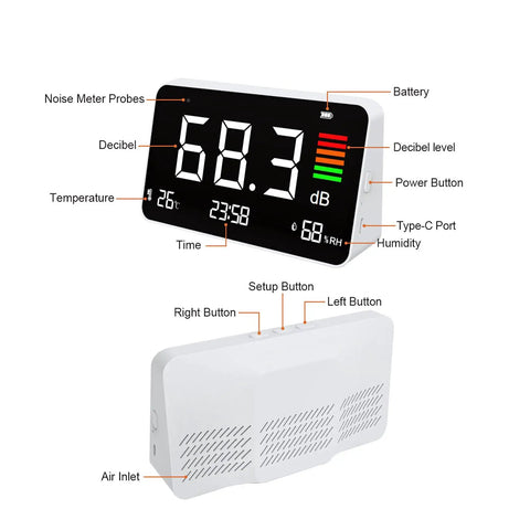 5 In 1 Decibel Meter With 8.6 Inch HD LCD Display Desktop Sound Level Meter 30 To 130 dB Temperature Humidity Clock Time For Classroom Studio Home Factory Use, front and rear view