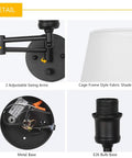 Adjustable Swing Arm Wall Sconce Set Of 2 With White Shade And Black Metal Modern Plug In Or Hardwire Wall Lamps Detail View