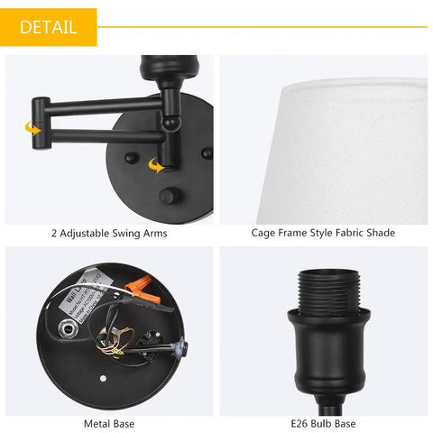Adjustable Swing Arm Wall Sconce Set Of 2 With White Shade And Black Metal Modern Plug In Or Hardwire Wall Lamps Detail View