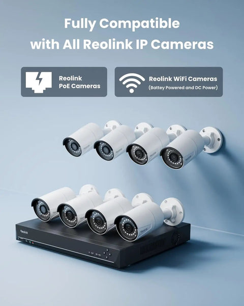 16 Channel 5MP PoE Home Security System With 8 Outdoor Wired Cameras and 16CH NVR displayed on a blue background